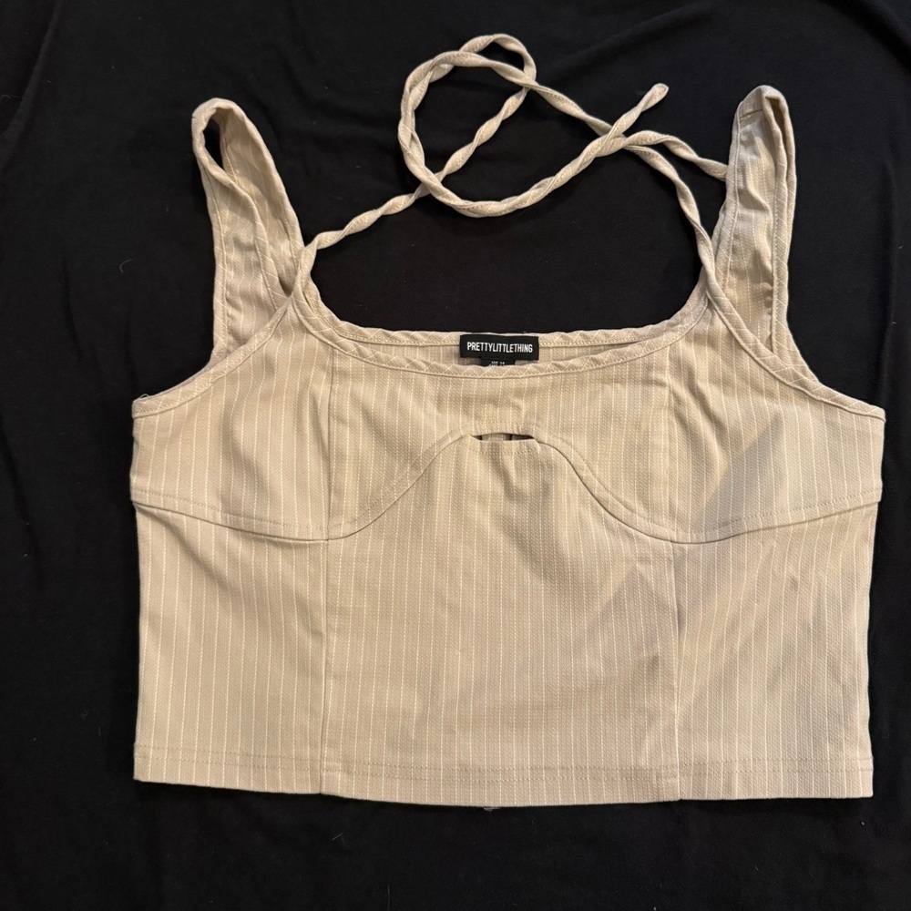 Nwt Prettylittlething Ecru Tailored Pinstripe Strappy Cutout Crop Top